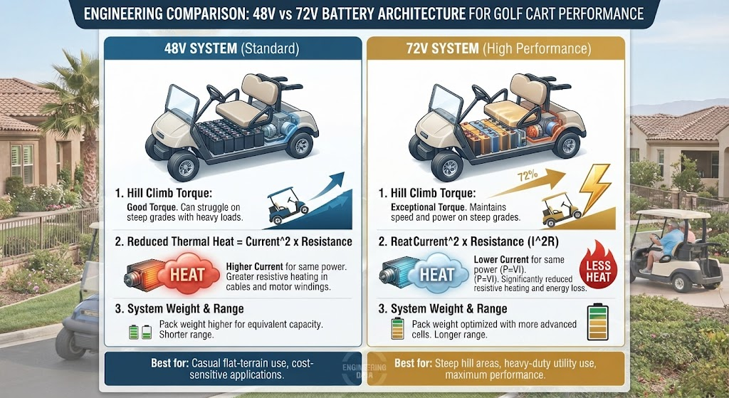 Engineering 48V vs 72V battery architecture for optimal hill climb torque and reduced thermal dissipation.