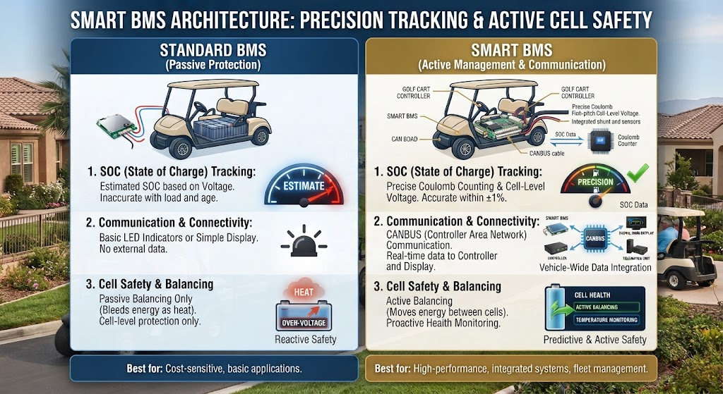 Smart BMS architecture with CANBUS communication ensures precise SOC tracking and active cell safety.