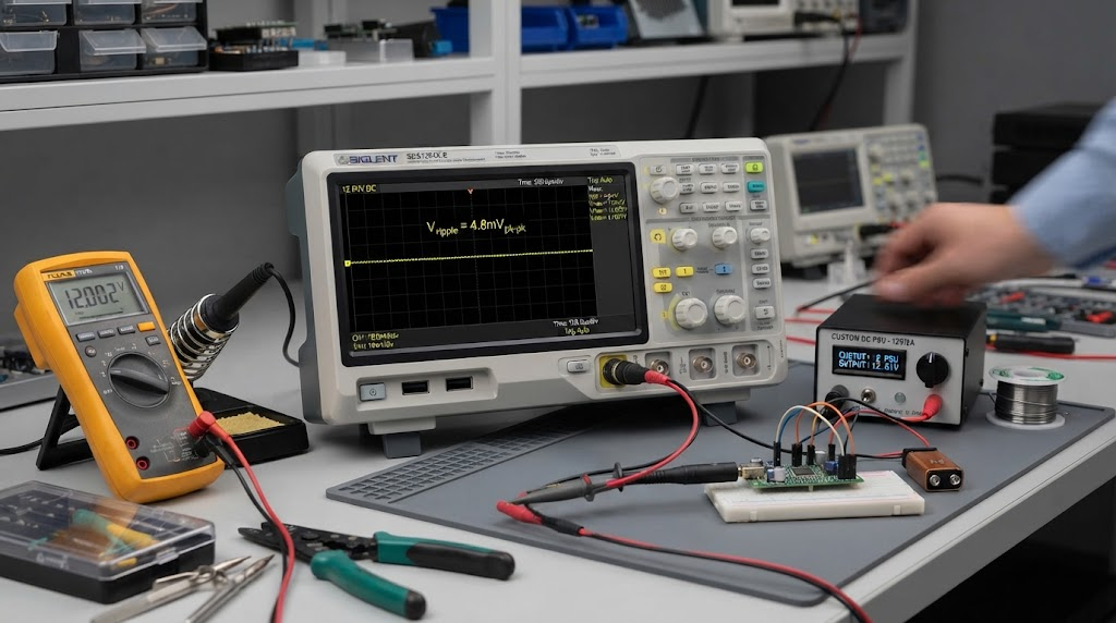 Oscilloscope bench test showing clean DC power waveform ripple