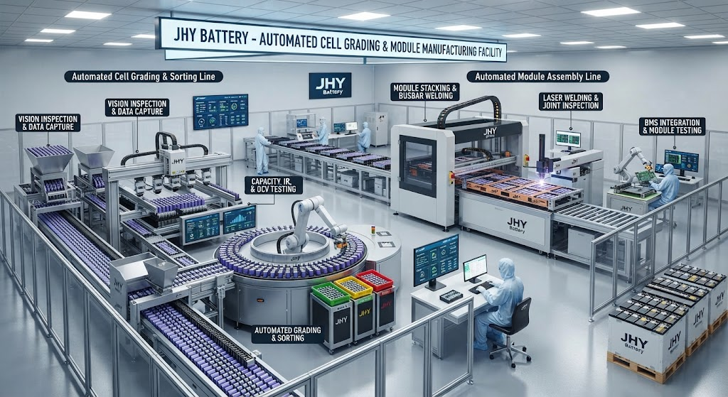 Automated cell grading and module manufacturing at JHY Battery production facility.