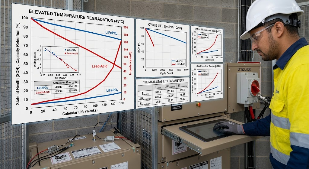 Thermal degradation and capacity retention profiles comparing LiFePO4 and lead-acid under elevated ambient temperatures.
