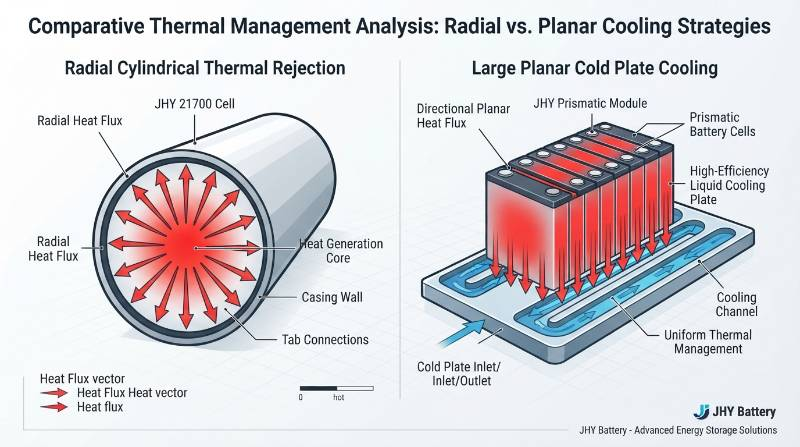 Heat flux vector distribution: Radial conduction limits in cylindrical rolls versus planar conduction in large-format prismatic cells.