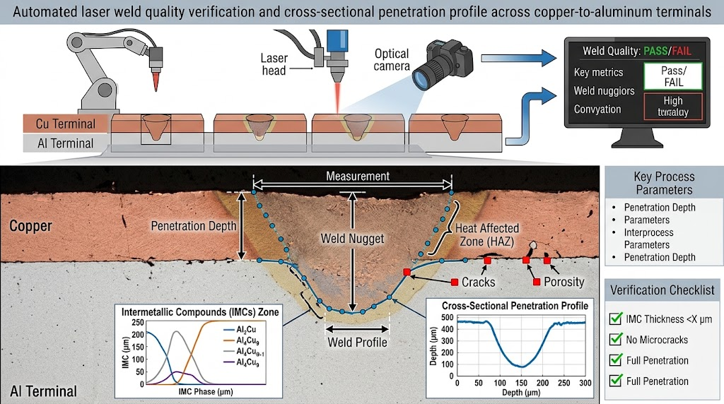 Automated laser weld quality verification and cross-sectional penetration profile across copper-to-aluminum terminals.