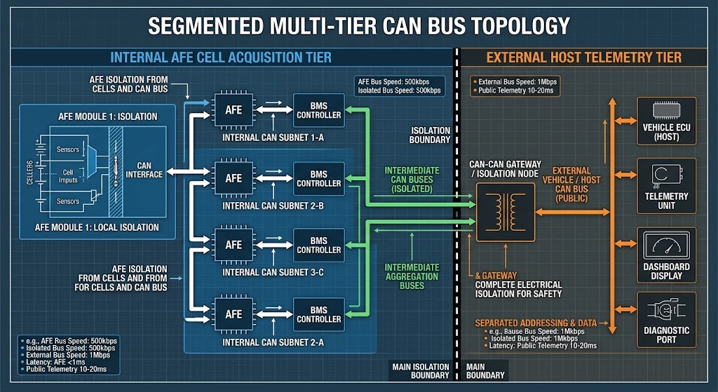 Segmented multi-tier CAN bus topology isolating internal AFE cell acquisition from external host telemetry.