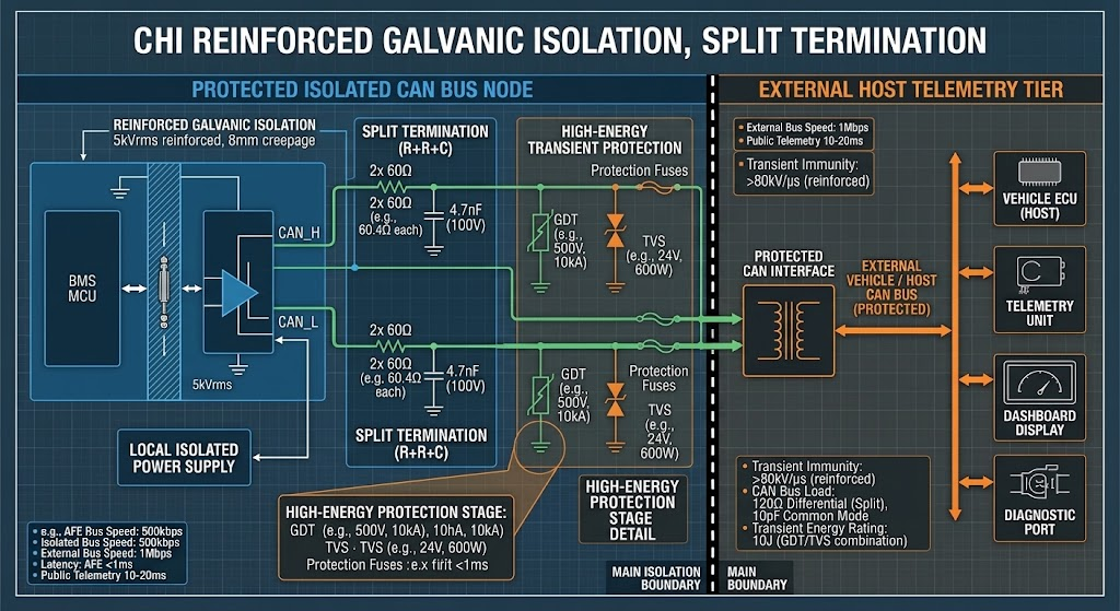 Hardware schematic illustrating reinforced galvanic isolation, split termination (2x 60Ω + 4.7nF), and high-energy transient protection.