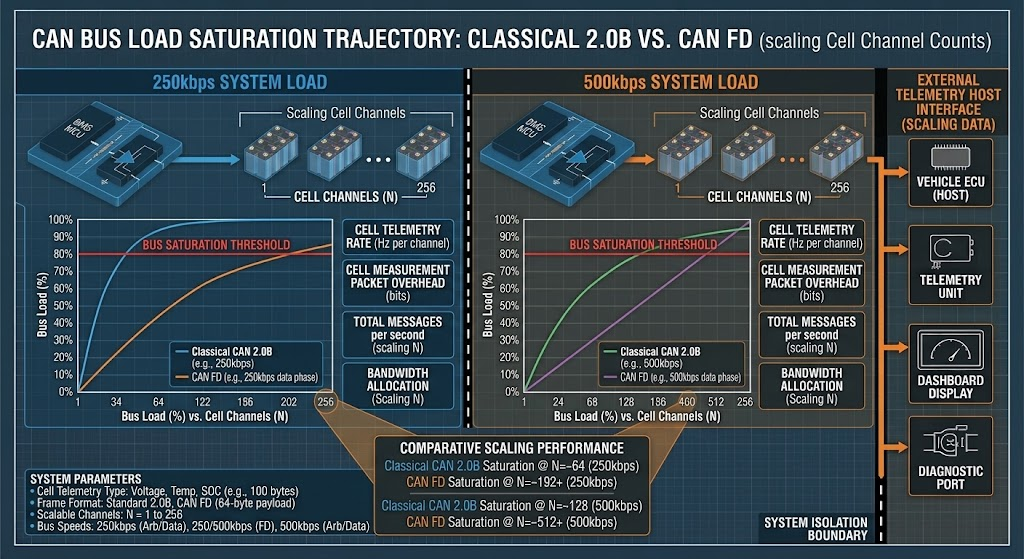 Bus load saturation trajectory: Classical CAN 2.0B vs. CAN FD across scaling cell channel counts at 250kbps and 500kbps.