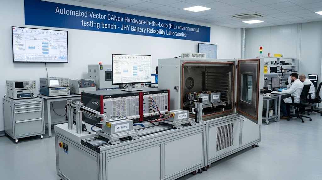  Automated Vector CANoe Hardware-in-the-Loop (HIL) environmental testing bench at JHY Battery reliability laboratories.