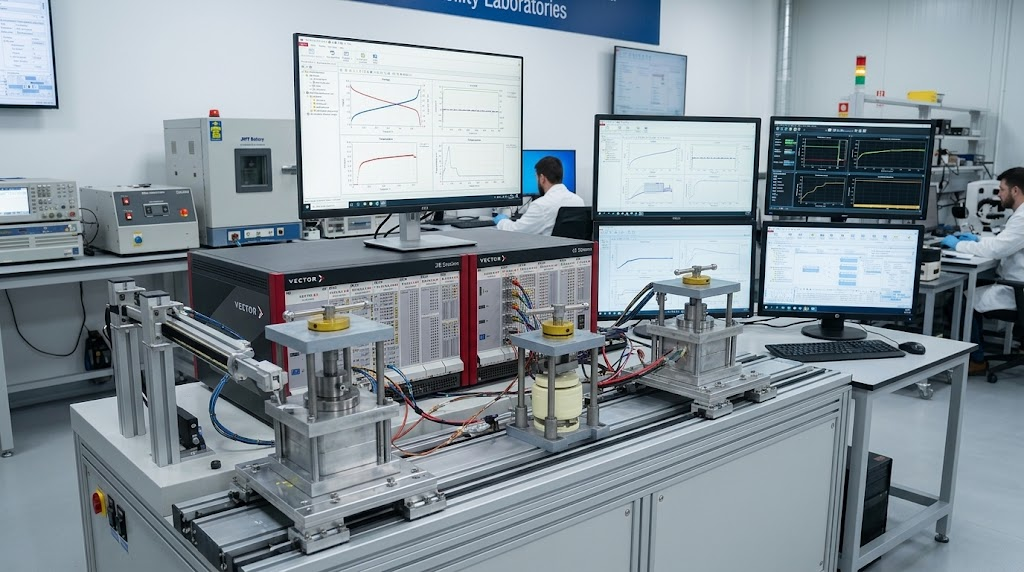 Instrumented bench testing of ASSB cells under controlled uniaxial mechanical pressure at JHY Battery test facilities.