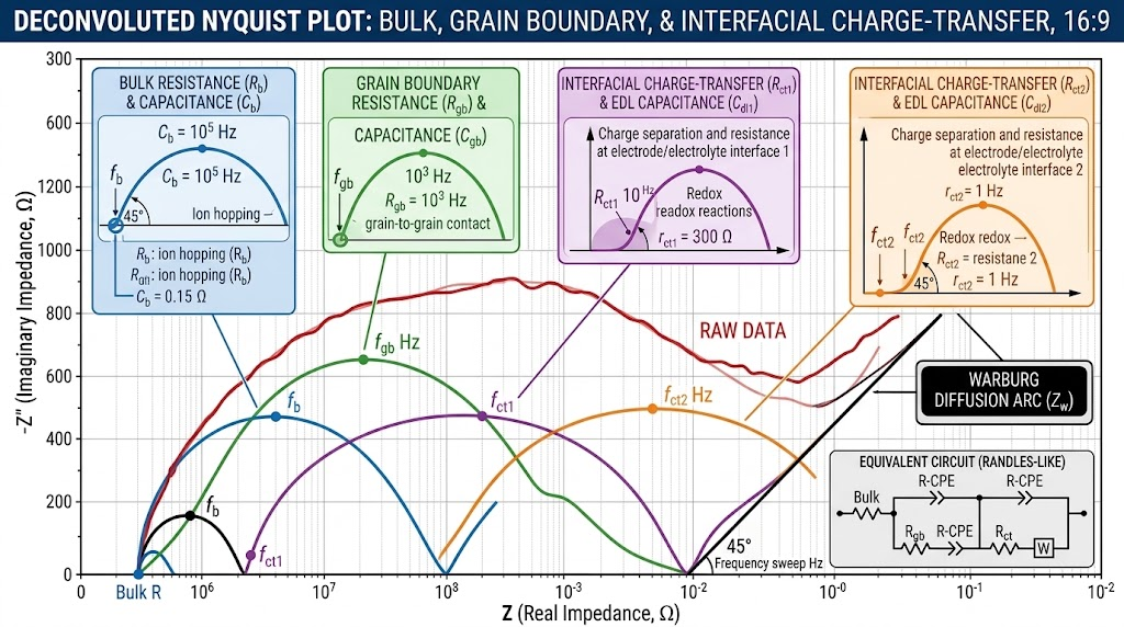 Deconvoluted Nyquist plot highlighting bulk, grain boundary, and interfacial charge-transfer resistance arcs.