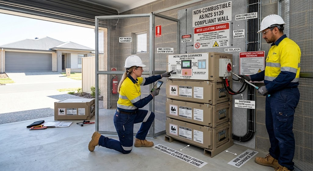 Installation clearances and non-combustible barrier envelope mandated by AS/NZS 5139:2019.