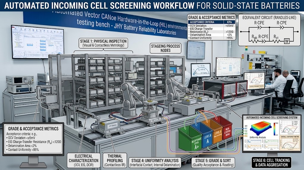 Automated incoming cell screening workflow for solid-state batteries.