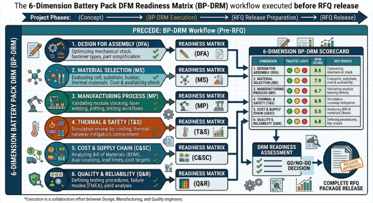 The 6-Dimension Battery Pack DFM Readiness Matrix (BP-DRM) workflow executed before RFQ release.