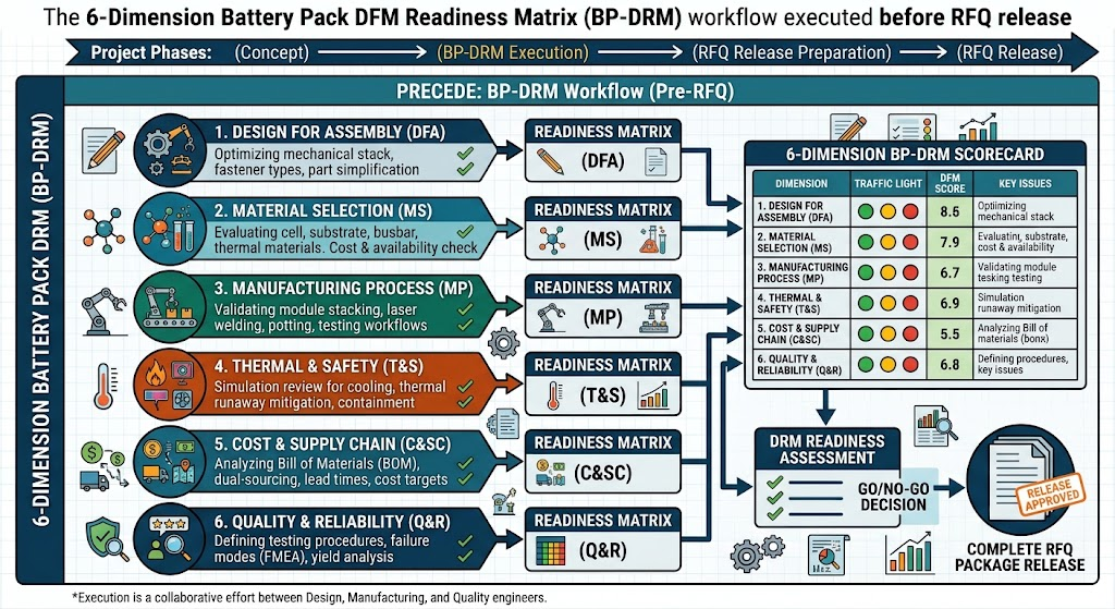 The 6-Dimension Battery Pack DFM Readiness Matrix (BP-DRM) workflow executed before RFQ release.