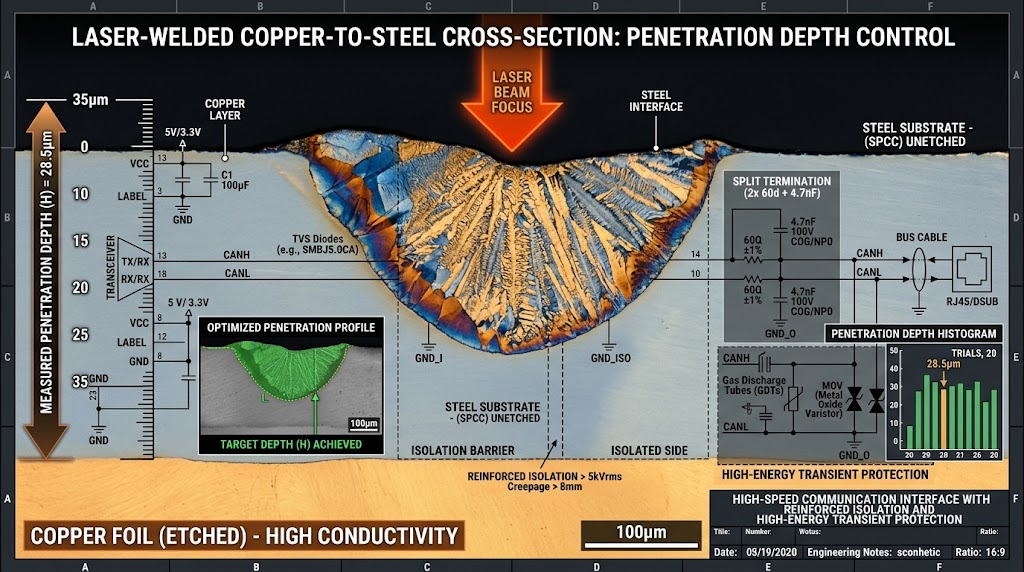 Laser welding melt pool cross-section showing copper-to-steel penetration depth control.