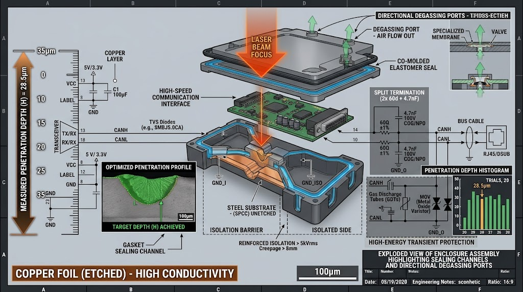 Exploded view of enclosure assembly highlighting sealing channels and directional degassing ports.