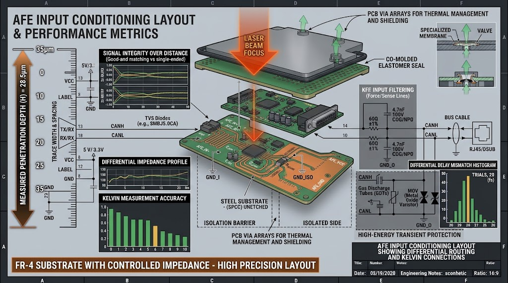 AFE input conditioning layout showing differential routing and Kelvin connections.