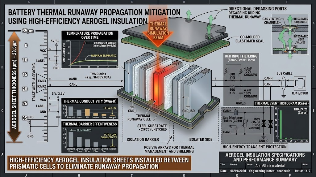 High-efficiency aerogel insulation sheets installed between prismatic cells to eliminate runaway propagation.
