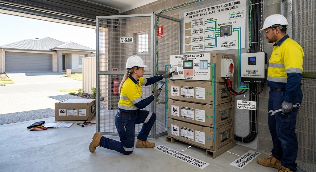Closed-loop CANbus/RS485 data telemetry architecture between the JHY Smart BMS and a solar hybrid inverter.