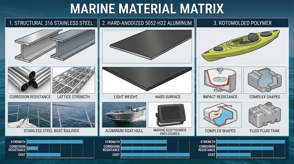 Marine material matrix: structural 316 stainless steel, hard-anodized 5052-H32 aluminum, and rotomolded polymer.