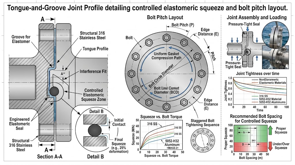 Tongue-and-groove joint profile detailing controlled elastomeric squeeze and bolt pitch layout.