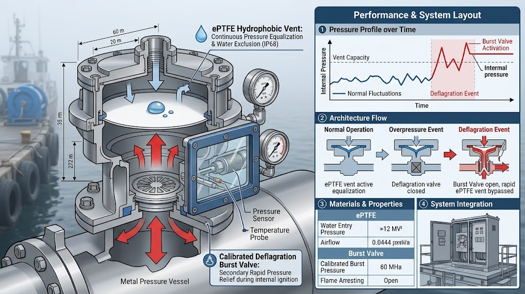 Dual-stage pressure architecture: ePTFE hydrophobic vent paired with a calibrated deflagration burst valve.