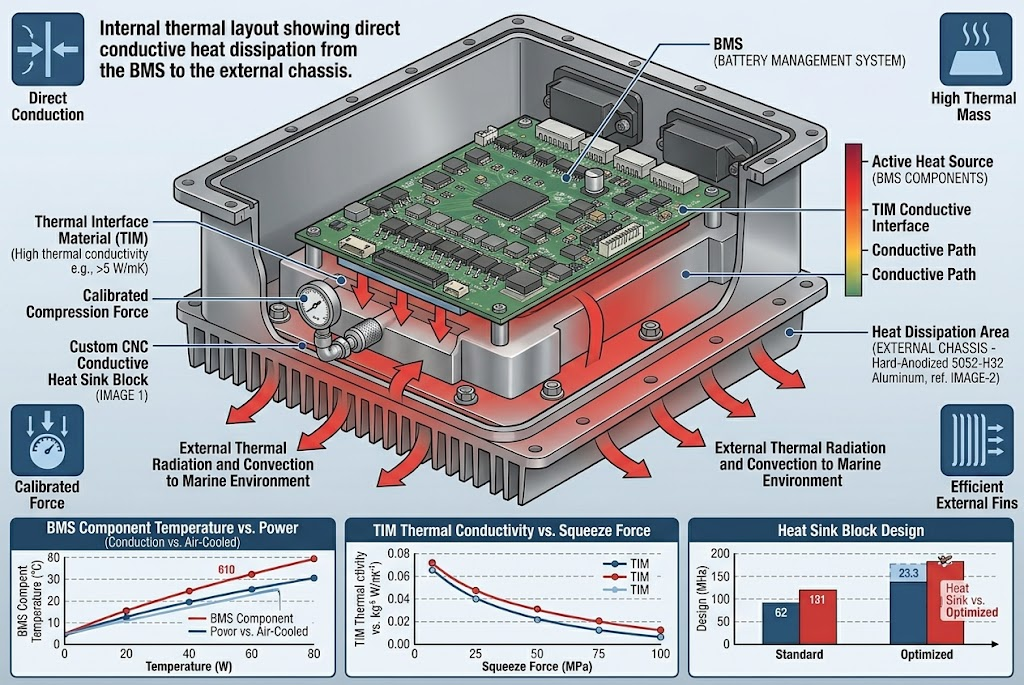 Internal thermal layout showing direct conductive heat dissipation from the BMS to the external chassis.