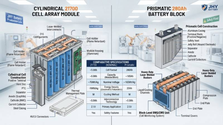 Internal architecture and busbar interconnect comparison between cylindrical and prismatic form factors.