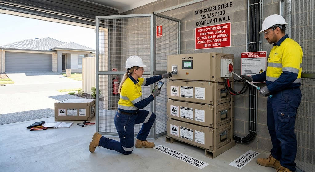 Field deployment of an AS/NZS 5139-compliant LiFePO4 energy storage retrofit module.